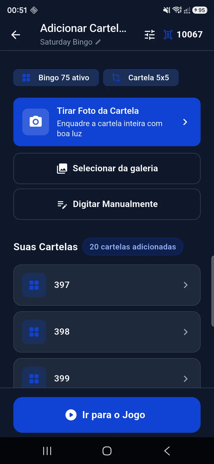 Tela real do Bingo Snap com opções para adicionar cartelas pela câmera, galeria ou manualmente.